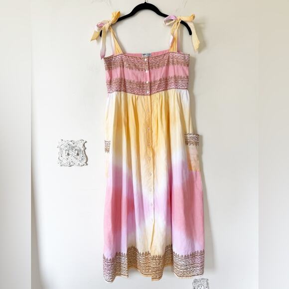Juliet Dunn Pink Sunset Gold Embroidered Tie Shoulder Cotton Midi Dress 1 / S - Picture 4 of 12
